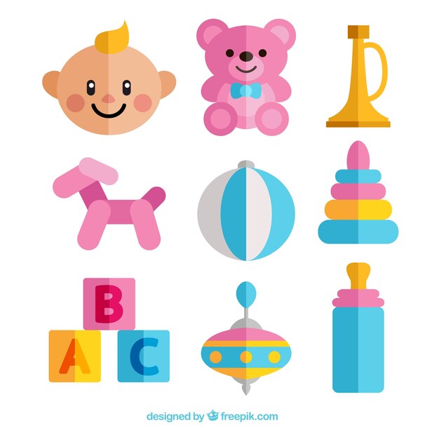 Set de bebé con juguetes en diseño plano 