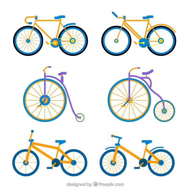 Set de bicicletas y monociclos en diseño plano 
