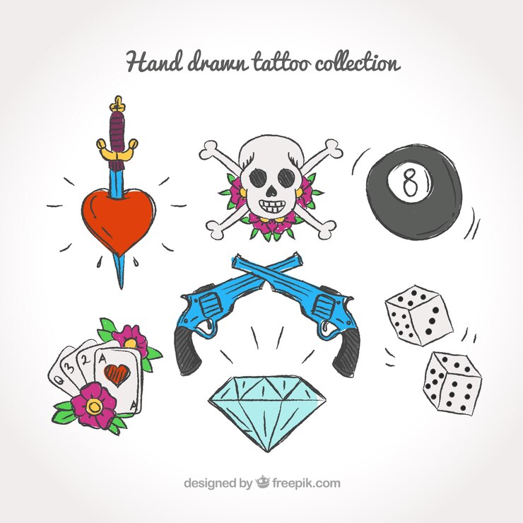 Vector gratuito set de bocetos de bonitos tatuajes en color