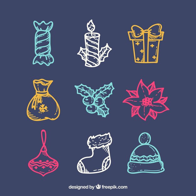Set de bocetos de colores de elementos de navidad 