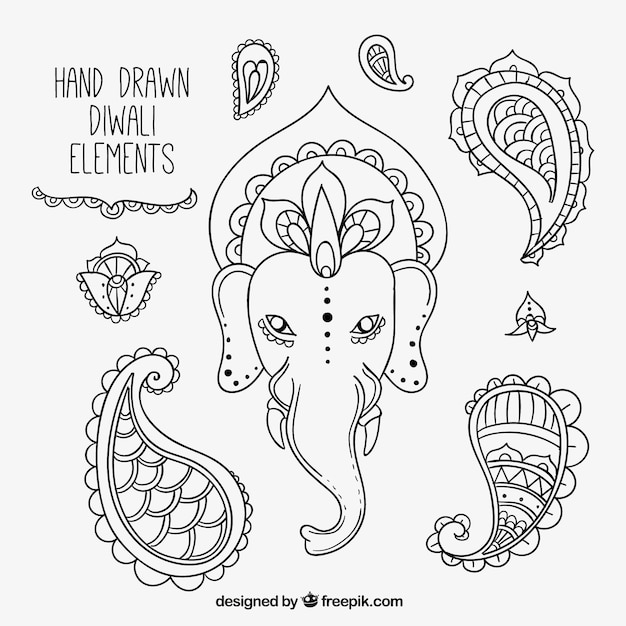 Vector gratuito set de bocetos de elementos del festival diwali