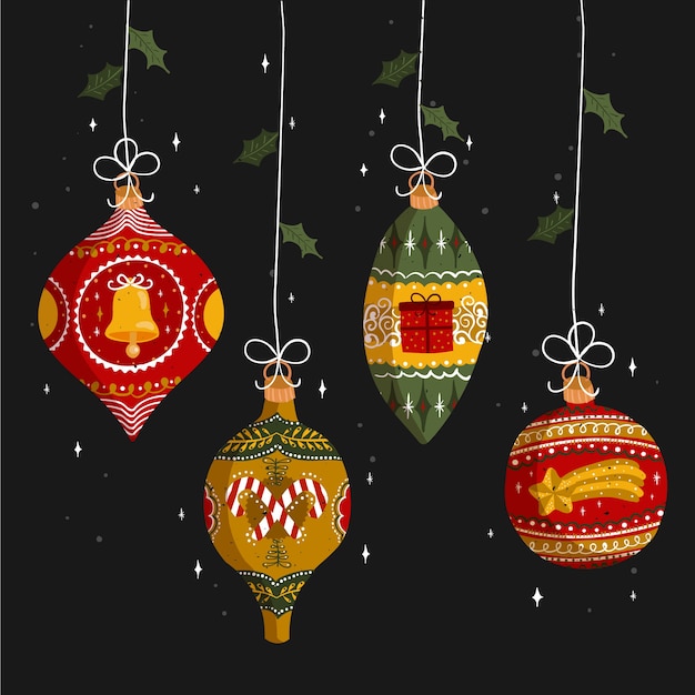 Vector gratuito set de bolas de navidad dibujadas a mano