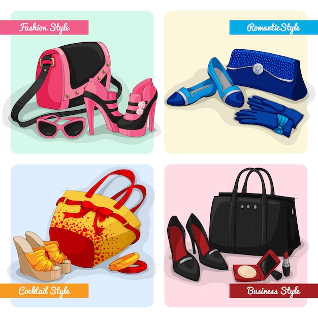 Vector gratuito set de bolsos de mujer zapatos y accesorios.