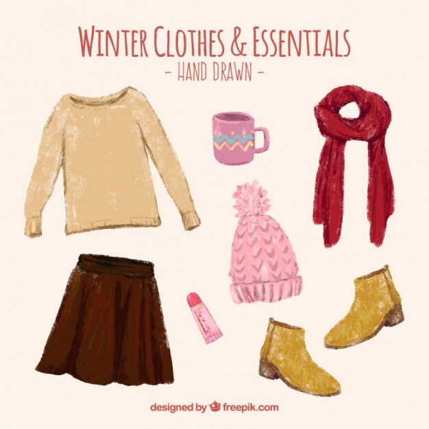 Set de bonita ropa y accesorios de invierno pintados a mano 