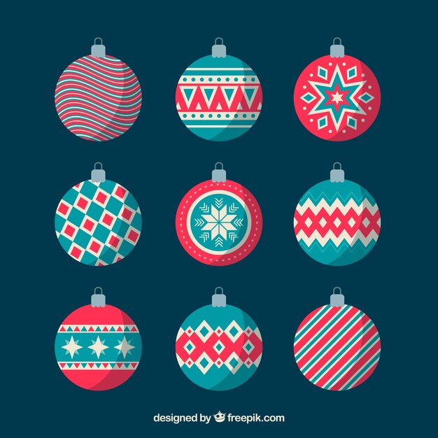 Set de bonitas bolas navideñas en diseño plano 