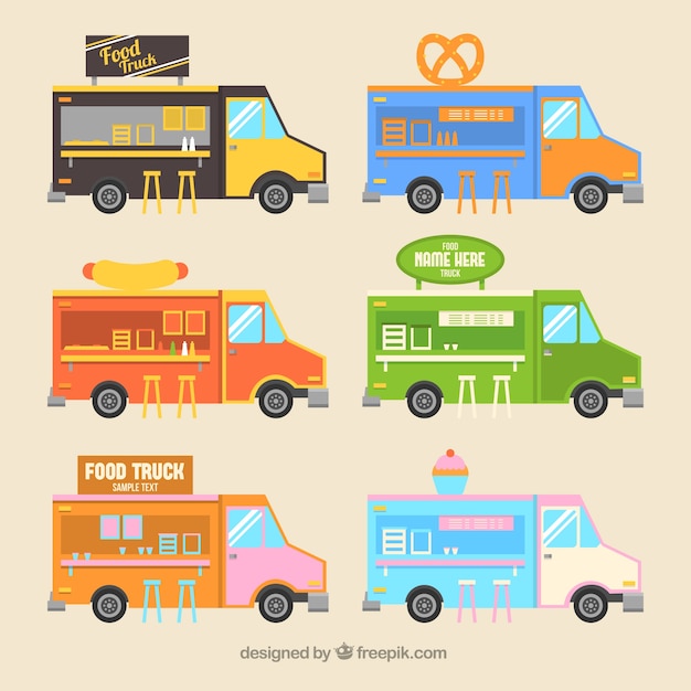 Vector gratuito set de bonitas camionetas de comida en estilo plano