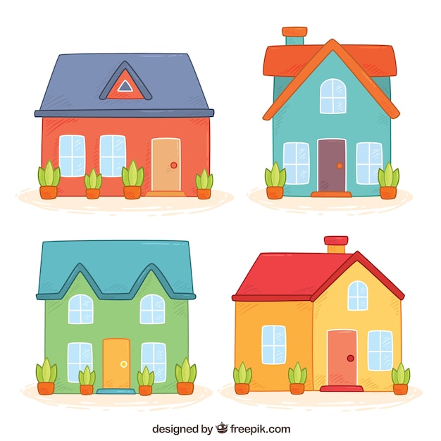 Set de bonitas fachadas de casas dibujadas a mano 