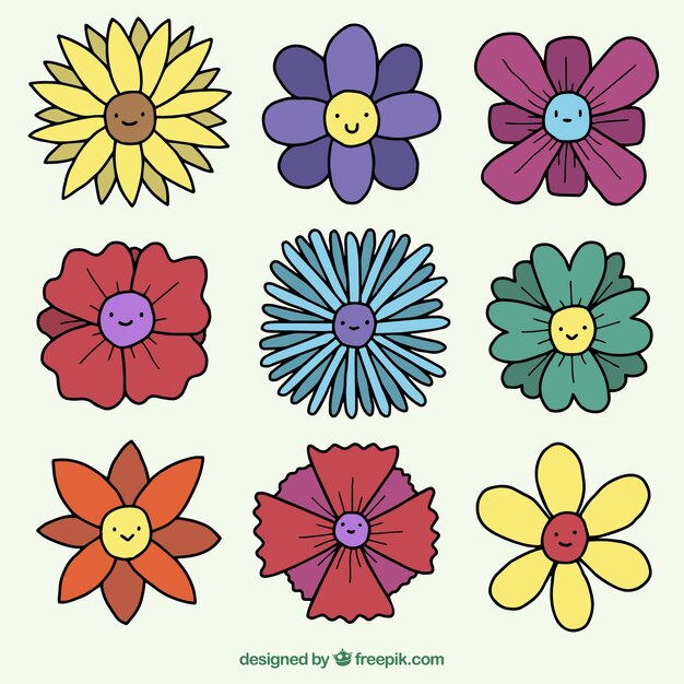 Set de bonitas flores con caras dibujadas a mano