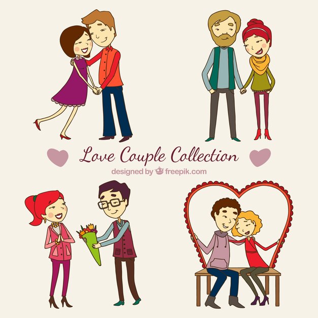 Set de bonitas parejas enamoradas dibujadas a mano 