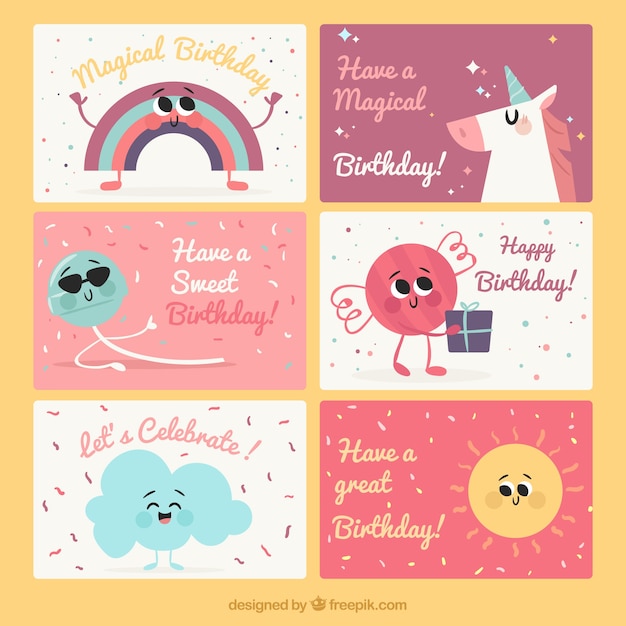 Set de bonitas tarjetas de cumpleaños con simpáticos personajes