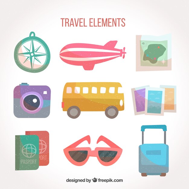 Set de bonitos elementos de viaje retro