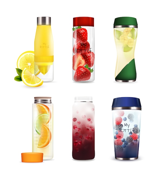 Vector gratuito set de botellas con bebidas de frutas detox