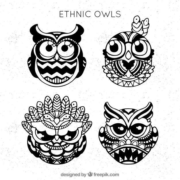 Set de búhos étnicos dibujados a mano 