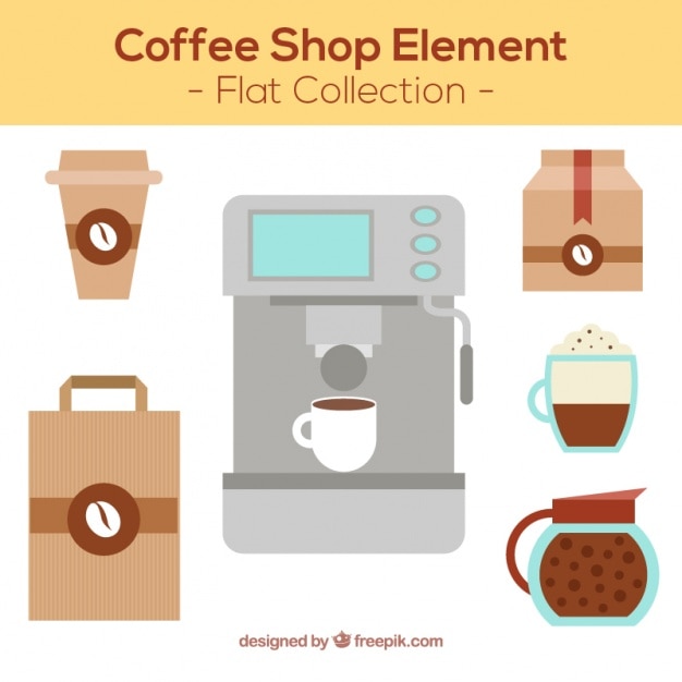 Vector gratuito set de cafetera y elementos de cafetería en diseño plano