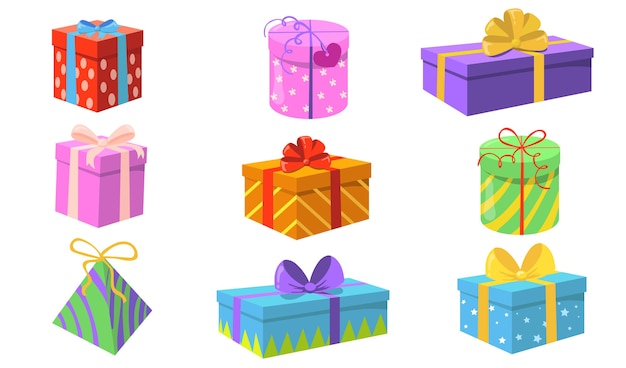 Set de cajas de regalo. Regalos de Navidad o cumpleaños con envoltura de colores, cintas y arcos elementos de tarjetas de felicitación aislados. Ilustración de vector plano para vacaciones o concepto de fiesta sorpresa