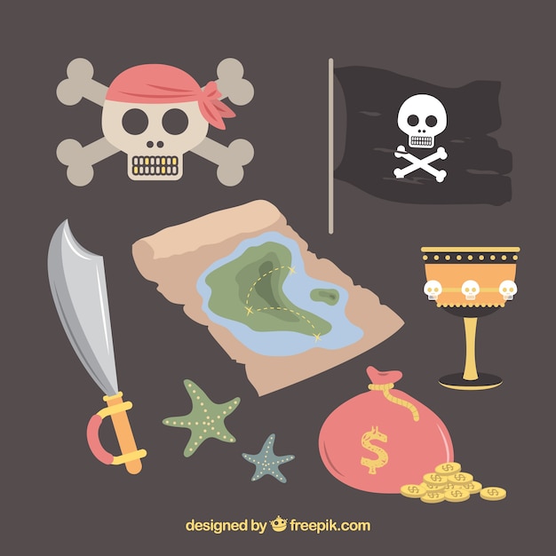 Vector gratuito set de calavera con mapa del tesoro y otros elementos