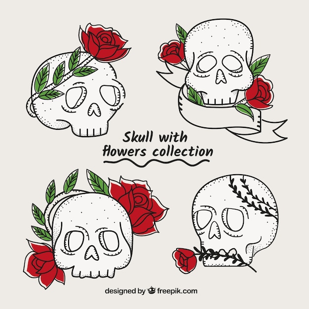 Vector gratuito set de calaveras con rosas y hojas dibujadas a mano