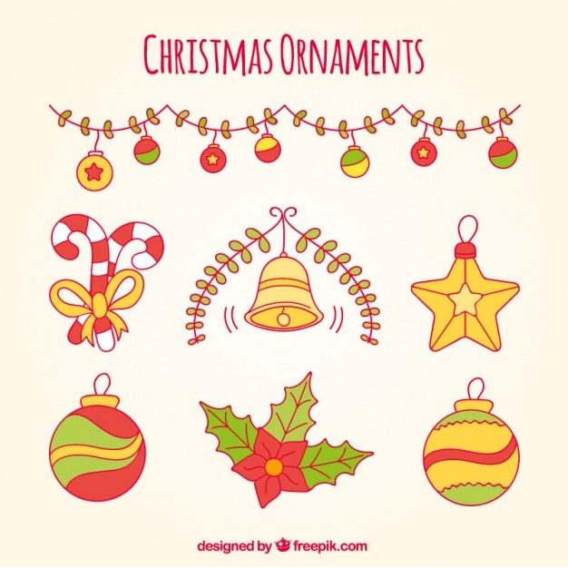 Set de campana y ornamentos navideños dibujados a mano