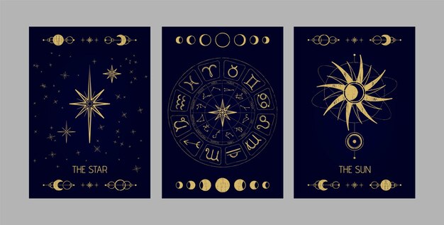 Set de cartas celestiales dibujadas a mano.