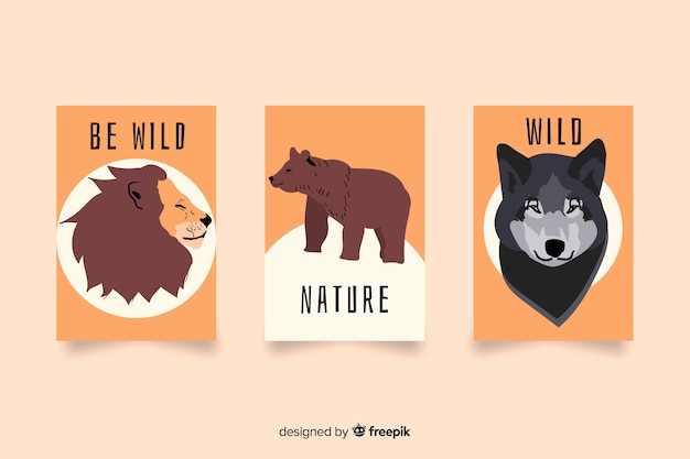 Set de cartas dibujadas de animales salvajes