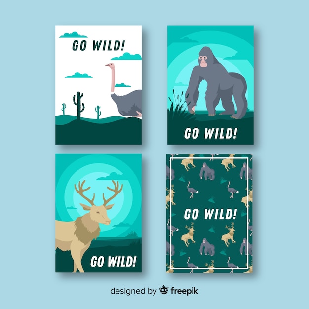 Vector gratuito set de cartas dibujadas de animales salvajes