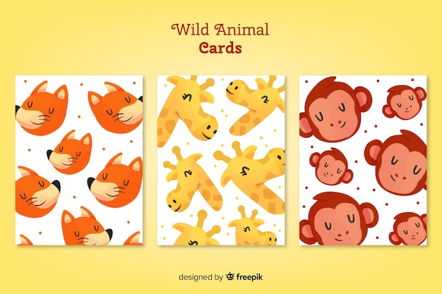 Vector gratuito set de cartas dibujadas de animales salvajes