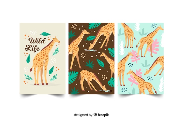 Vector gratuito set de cartas dibujadas de animales salvajes