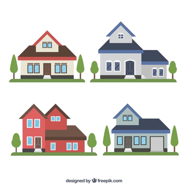 Set de casas planas con árboles decorativos
