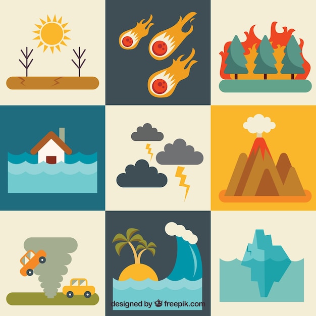 Set de catástrofes naturales en diseño plano