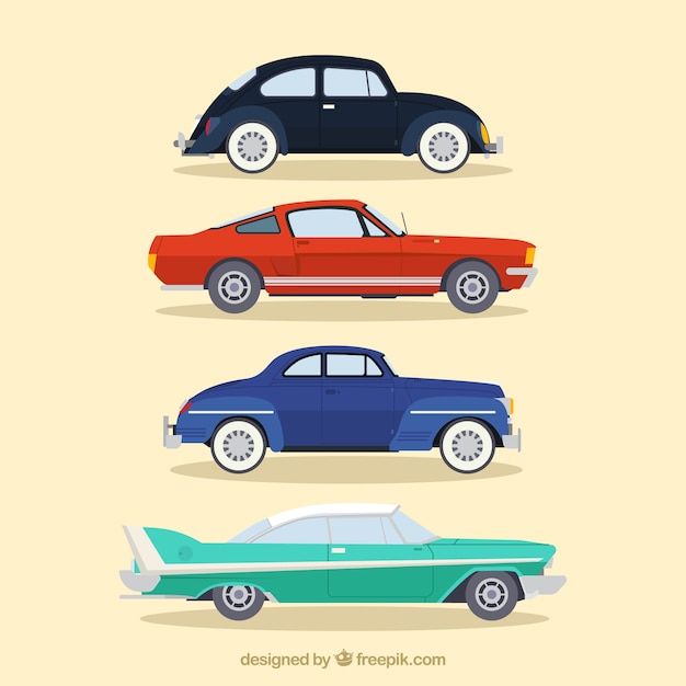 Vector gratuito set de coches vintage elegantes en diseño plano