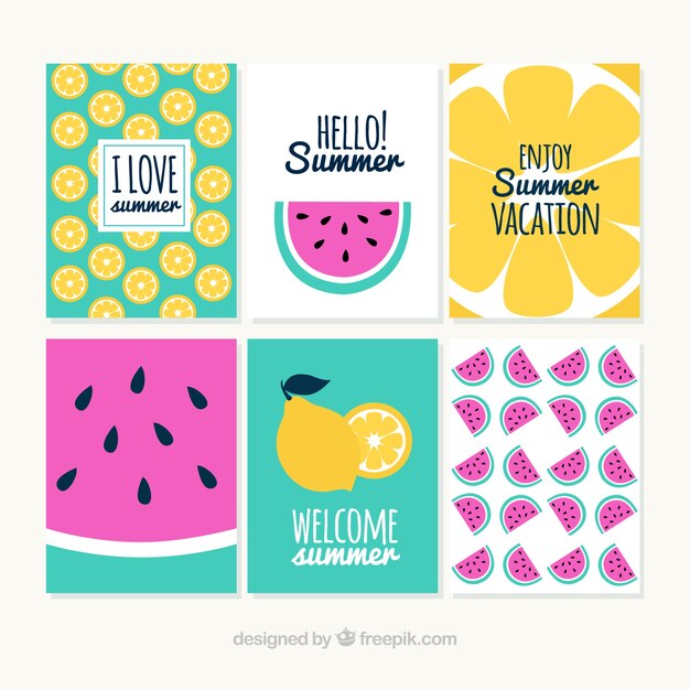 Set de coloridas tarjetas de verano con limón y sandía