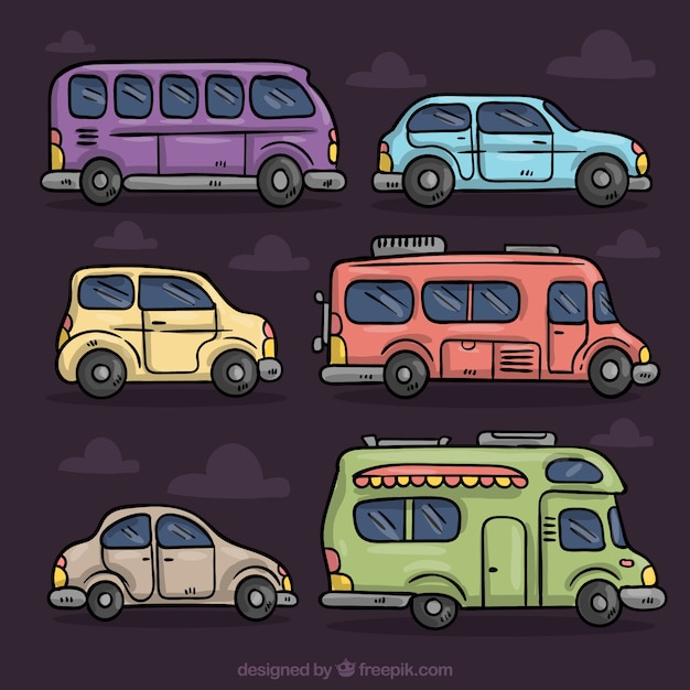 Vector gratuito set colorido de diferentes vehículos dibujados a mano