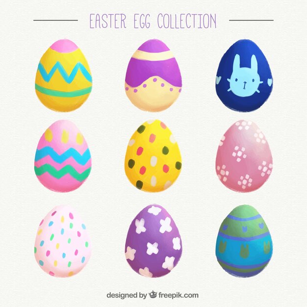 Set colorido de nueve huevos de pascua de acuarela