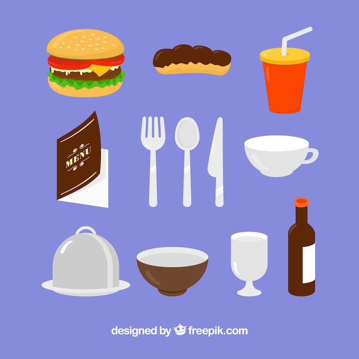 Vector gratuito set de comida y elementos de restaurante