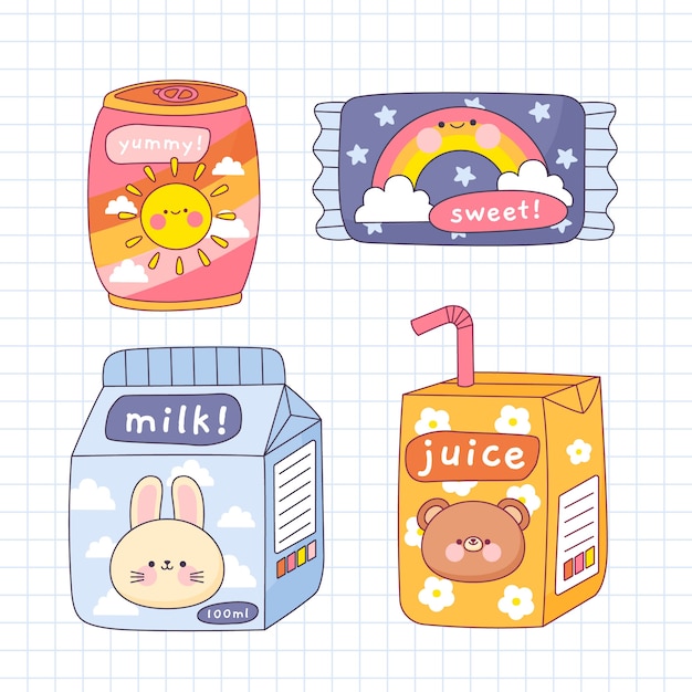 Set comida kawaii diseño plano dibujado a mano