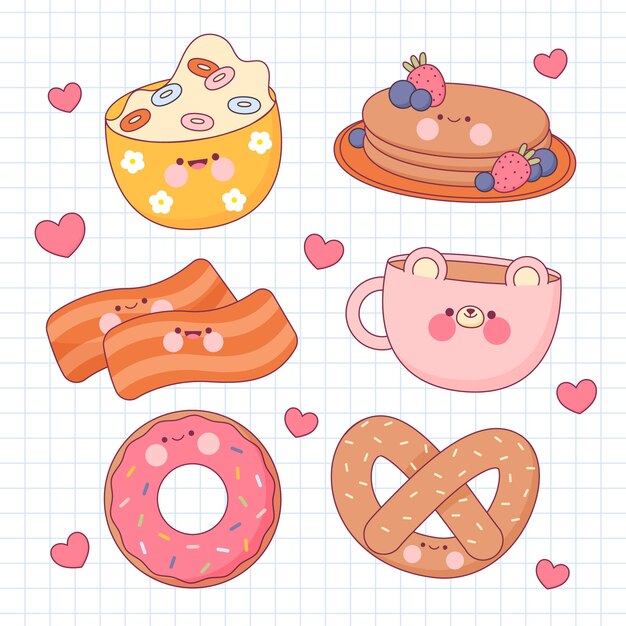 Set comida kawaii diseño plano dibujado a mano