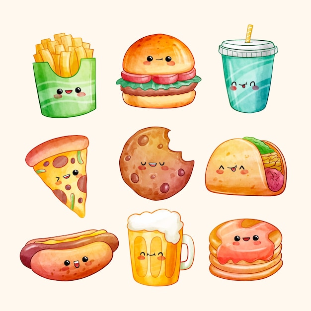 Set comida rápida kawaii acuarela
