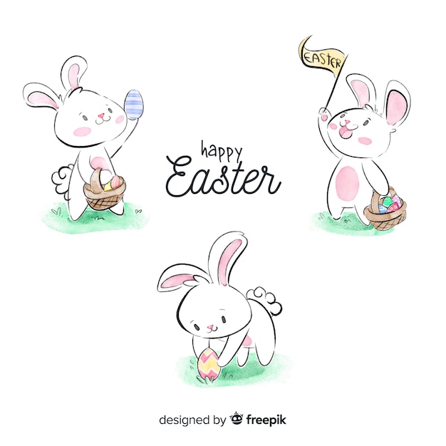 Vector gratuito set de conejitos de pascua en acuarela