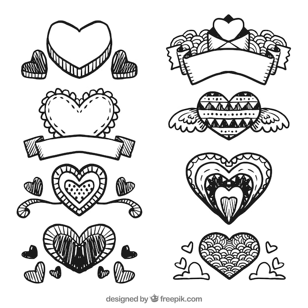 Vector gratuito set de corazones ornamentales dibujados a mano