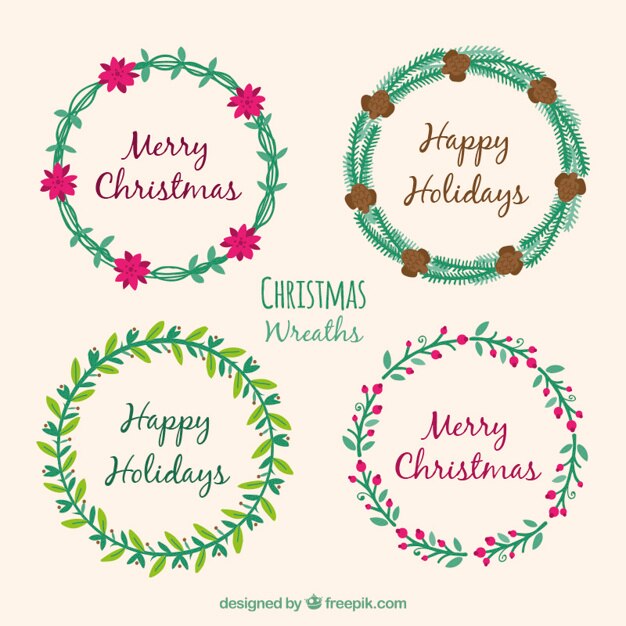 Set de coronas navideñas ornamentales dibujadas a mano 