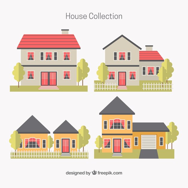 Set de cuatro casas en diseño plano