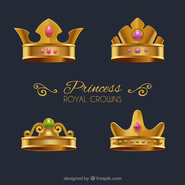 Set de cuatro coronas doradas de princesa 