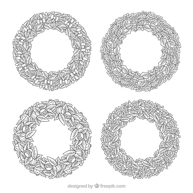 Set de cuatro coronas navideñas dibujadas a mano