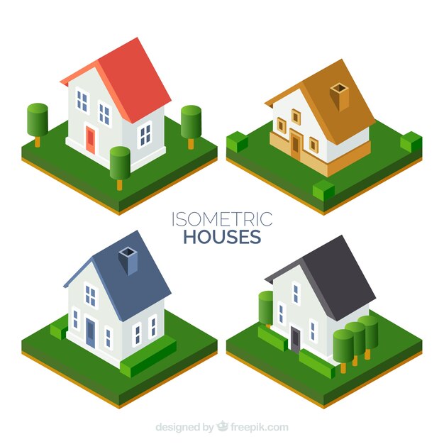 Set de cuatro geniales casas con jardín en diseño isométrico