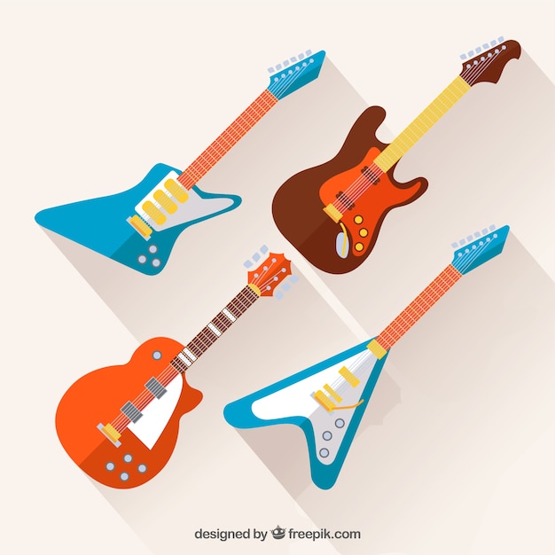 Vector gratuito set de cuatro guitarras eléctricas de colores en diseño plano