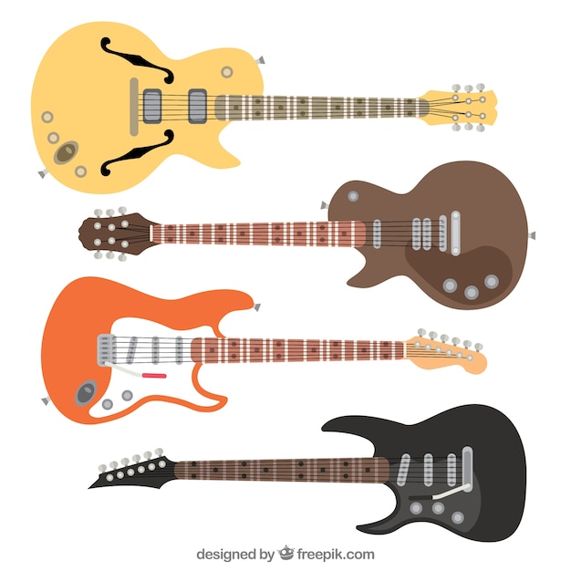 Set de cuatro guitarras electricas en diseño plano