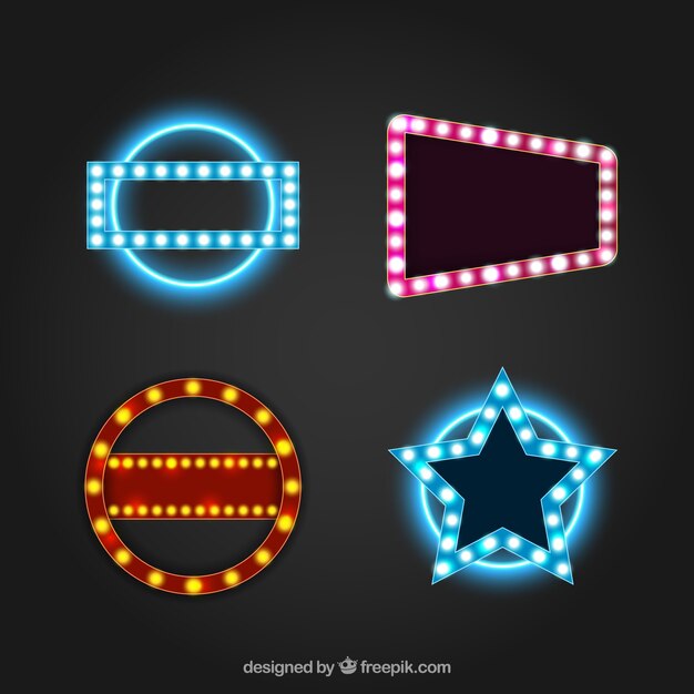 Set de cuatro letreros de luces de neón con formas geométricas