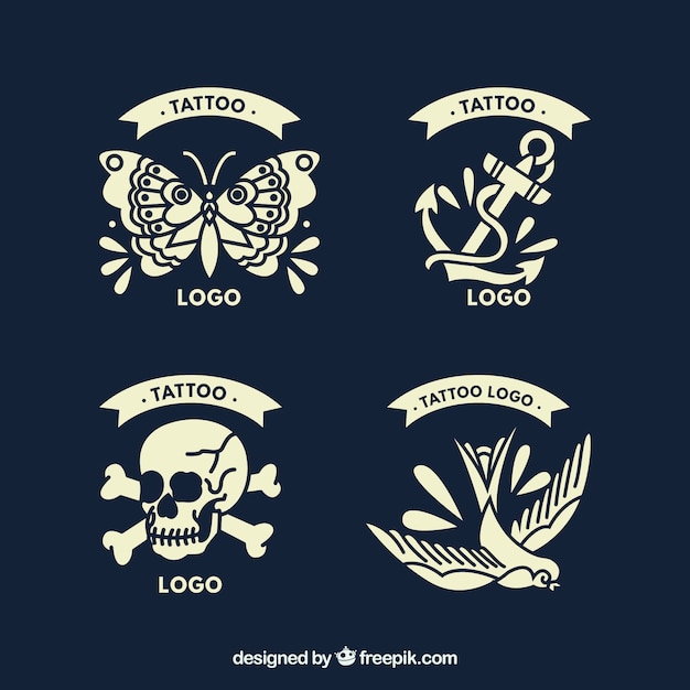 Vector gratuito set de cuatro logotipos de estudios de tatuaje en estilo vintage