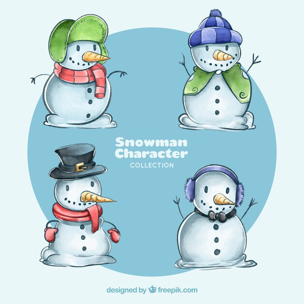 Set de cuatro muñecos de nieve de acuarela 