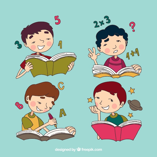 Vector gratuito set de cuatro niños leyendo un libro dibujados a mano